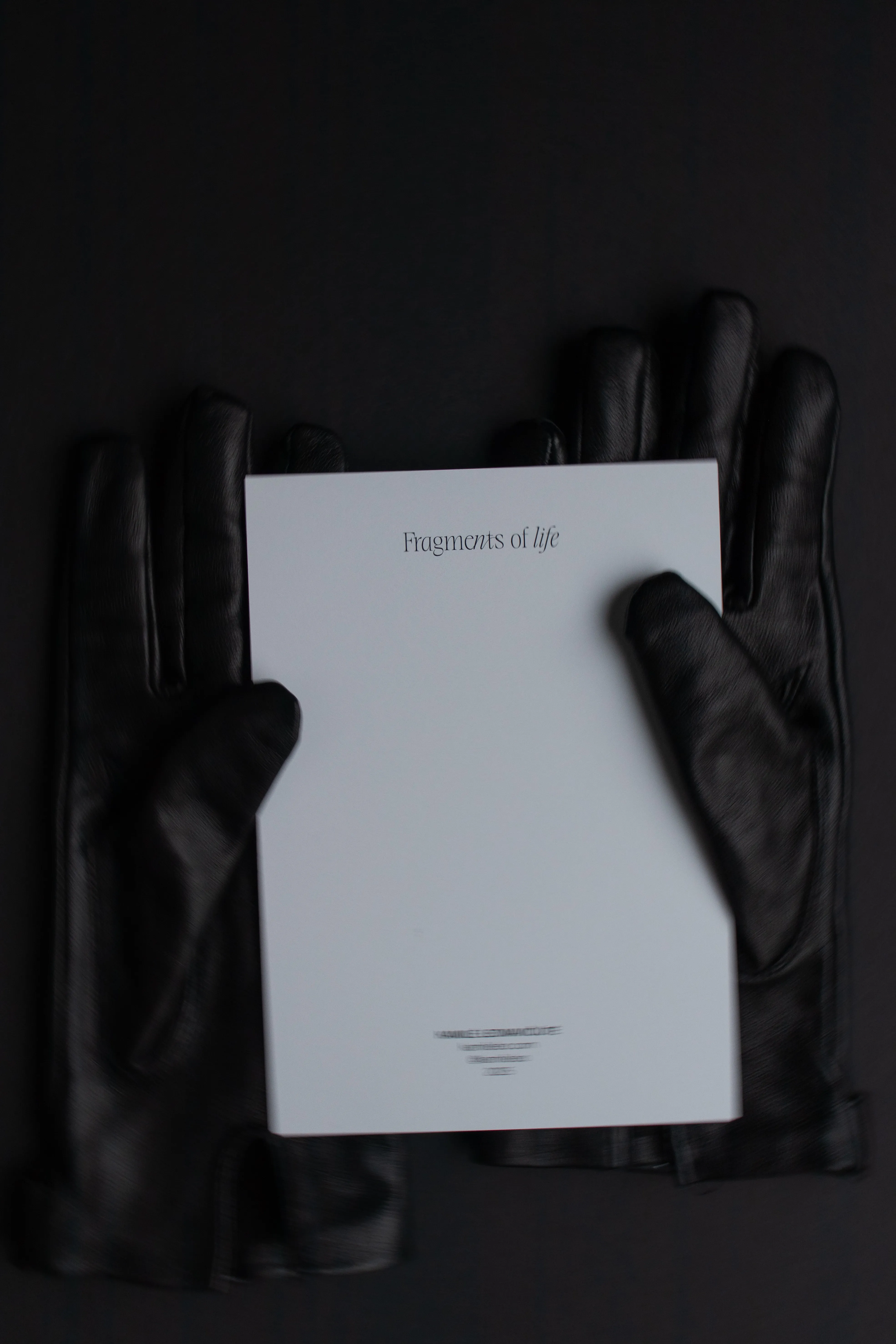 Black leather gloves holding Fragments of Life exhibition book